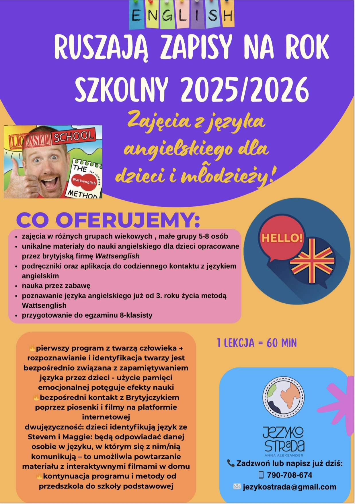 plakat informujący zajęcia z języka angielskiego na rok 2025 na 2026