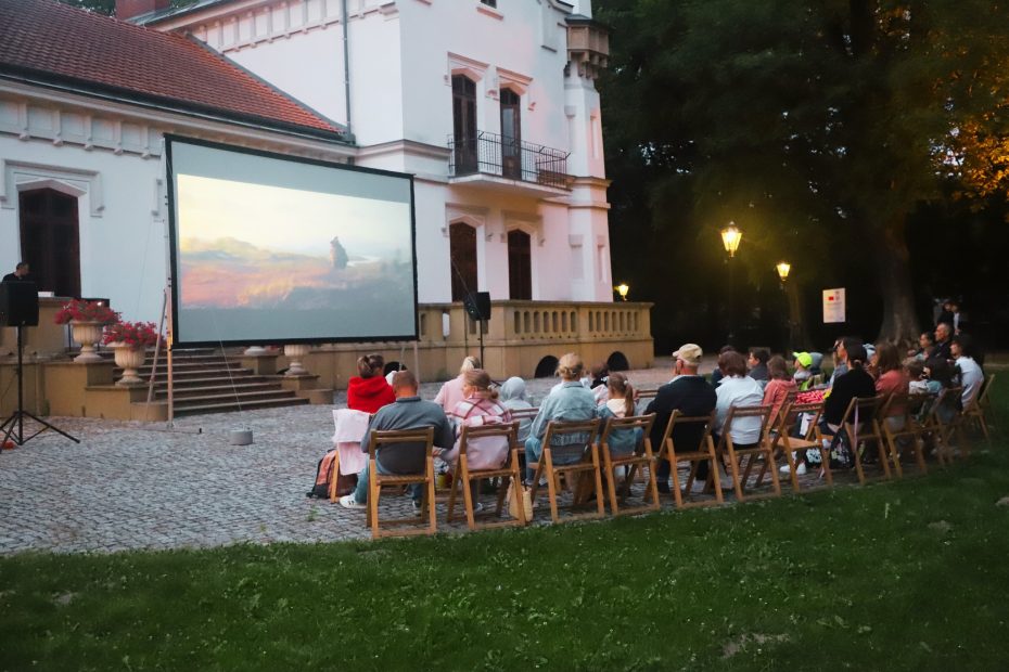 Zdjęcie przedstawia dzieci oglądające film w plenerze