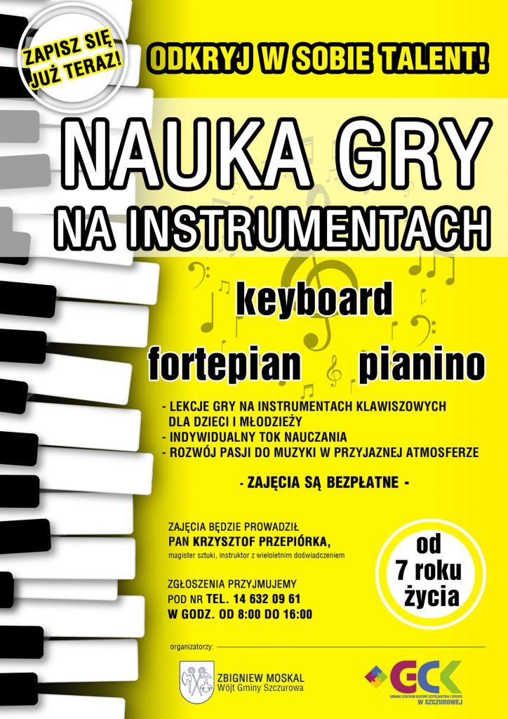 plakat informujący o zapisy gry na instrumentach