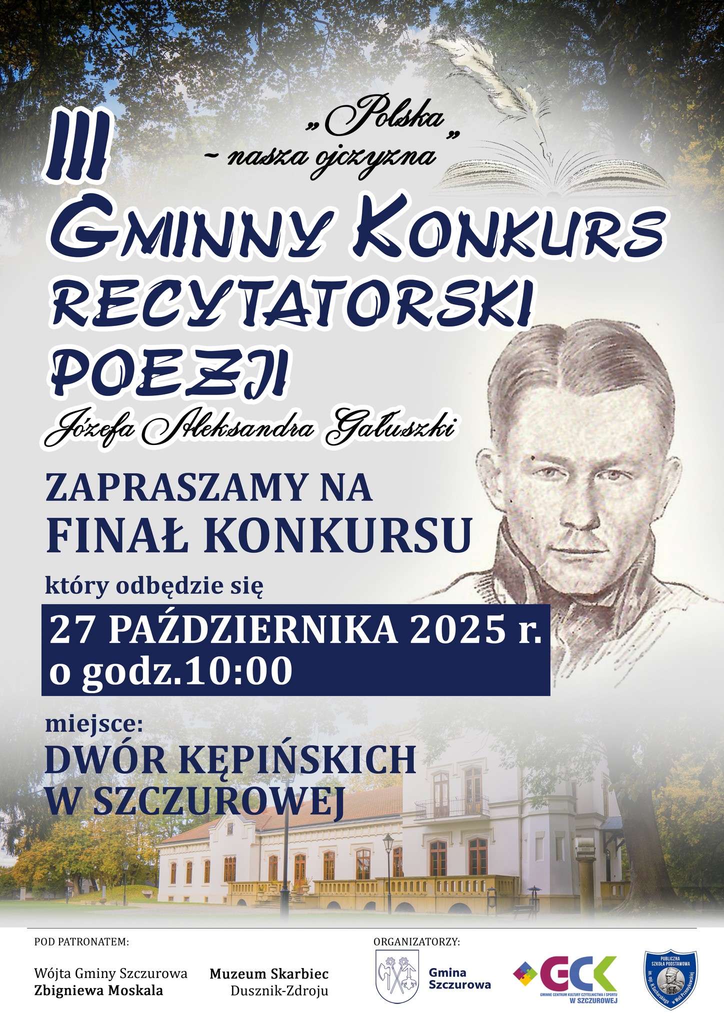 plakat promujący wydarzenie Gminny Konkurs poezji Józefa Aleksandra Gałuszki 2025