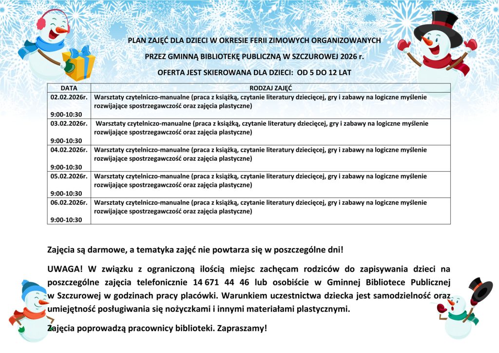 rozkład zajęć feryjnych 2026 przez Bibliotekę w Szczurowej