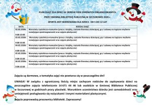 rozkład zajęć feryjnych 2026 przez Bibliotekę w Szczurowej