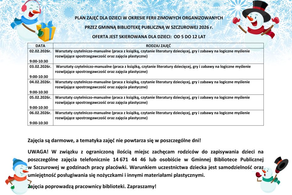 rozkład zajęć feryjnych 2026 przez Bibliotekę w Szczurowej