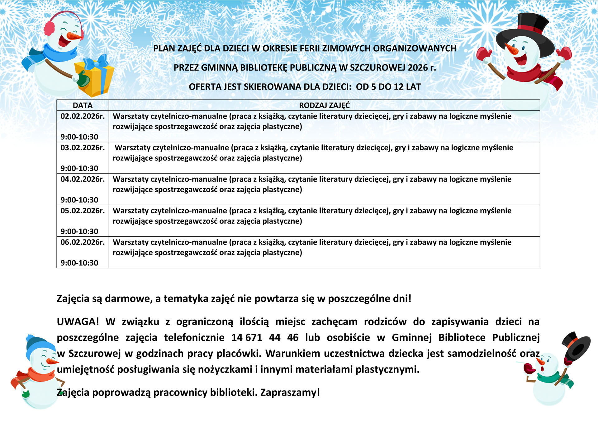 rozkład zajęć feryjnych 2026 przez Bibliotekę w Szczurowej