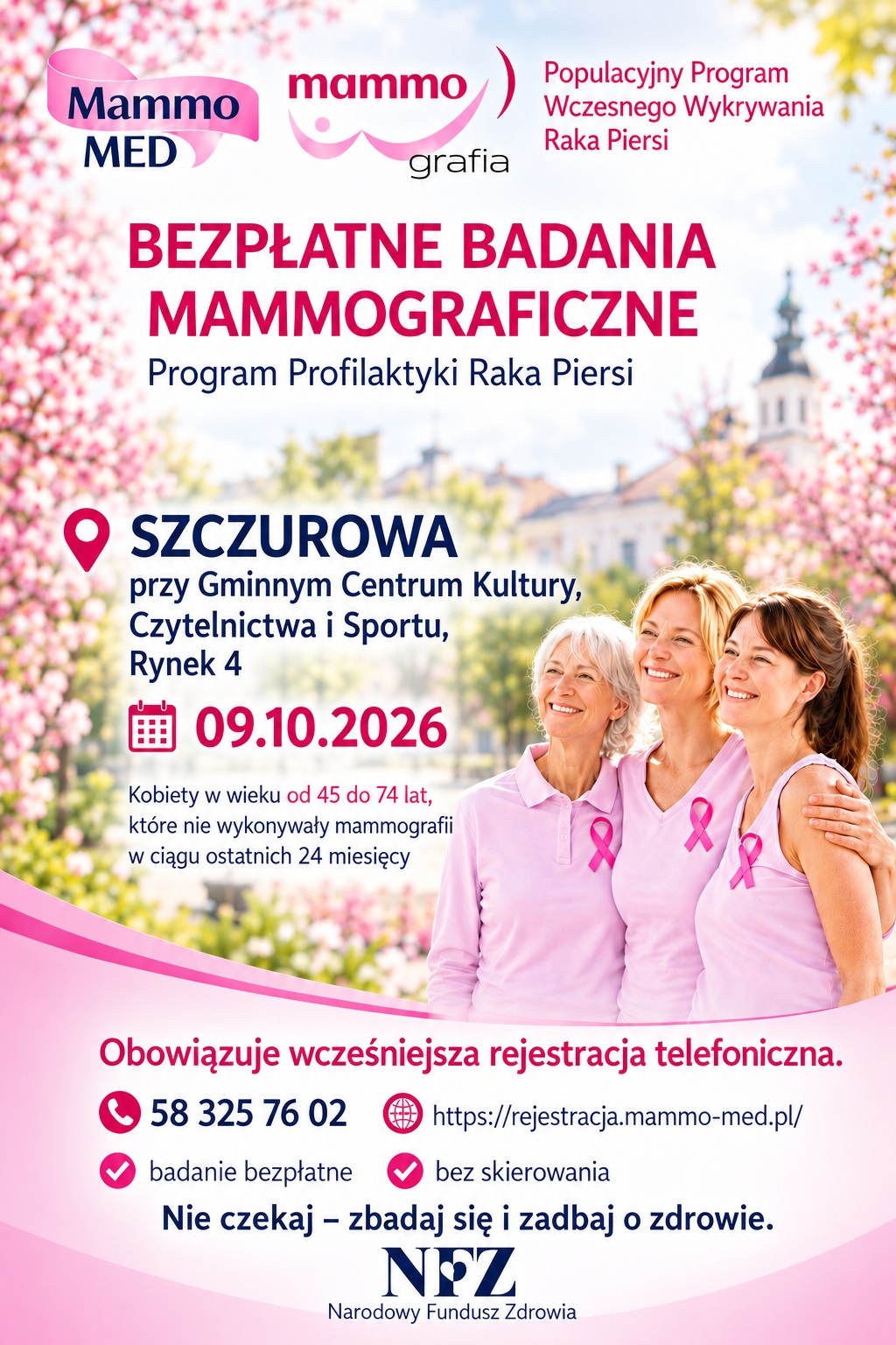 plakat przedstawia zaproszenie na bezpłatne badanie mammograficzne